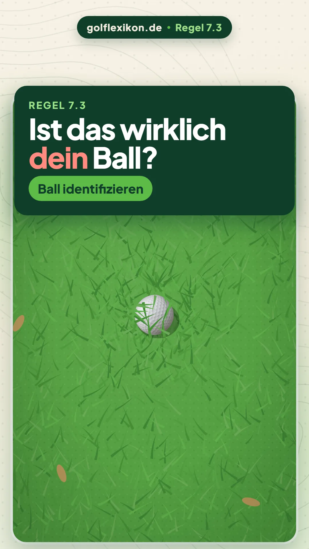 Titeltafel „Ist das wirklich dein Ball?“ über gezeichnetem Rough aus der Vogelperspektive, in dem ein weißer Golfball halb verdeckt im Gras liegt.