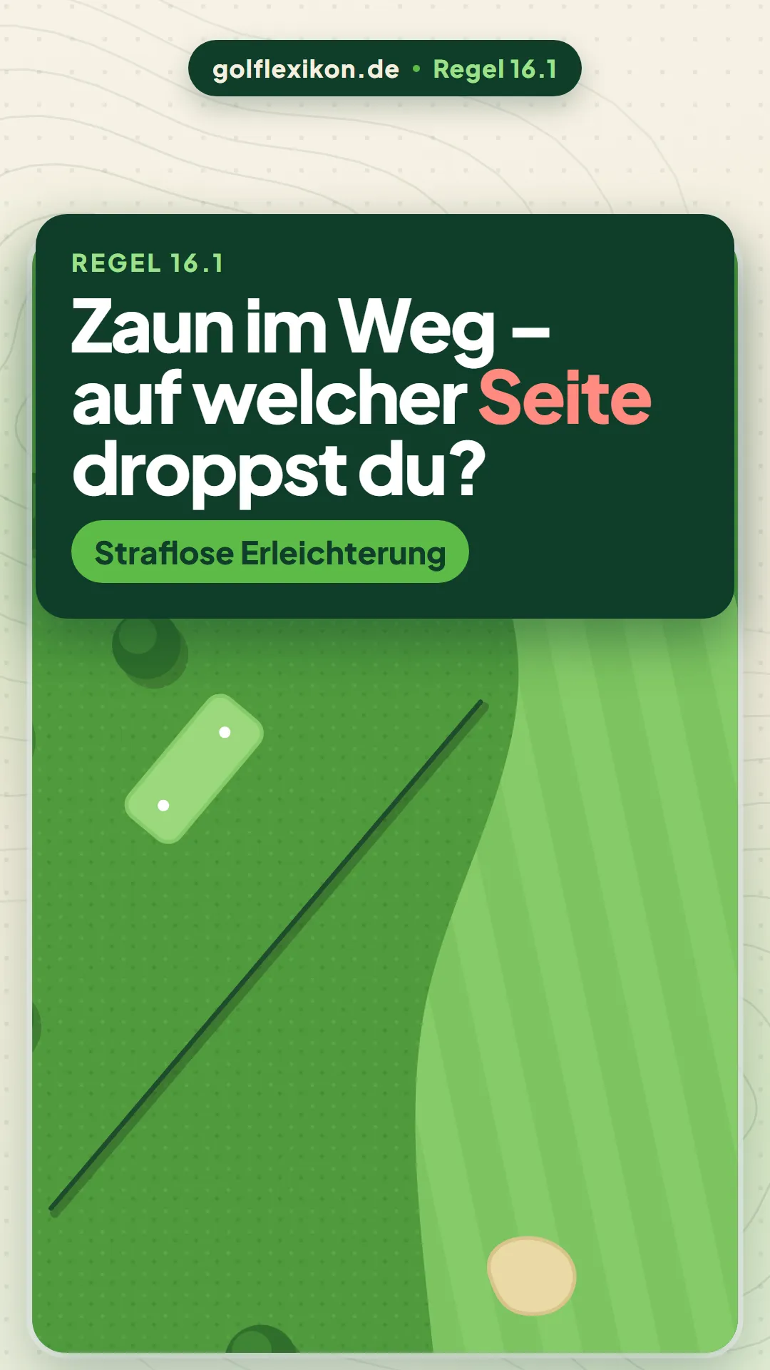 Titeltafel „Zaun im Weg – auf welcher Seite droppst du?“ über einer Spielbahn aus der Vogelperspektive mit einem schräg verlaufenden Zaun und einem Golfball direkt daneben.